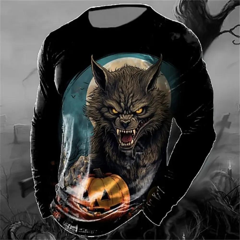 Men's Spring And Autumn Personality Retro Animal Wolf 3d Printed Round Neck Long Sleeve T-Shirt Casual Loose Breathable Jumper
