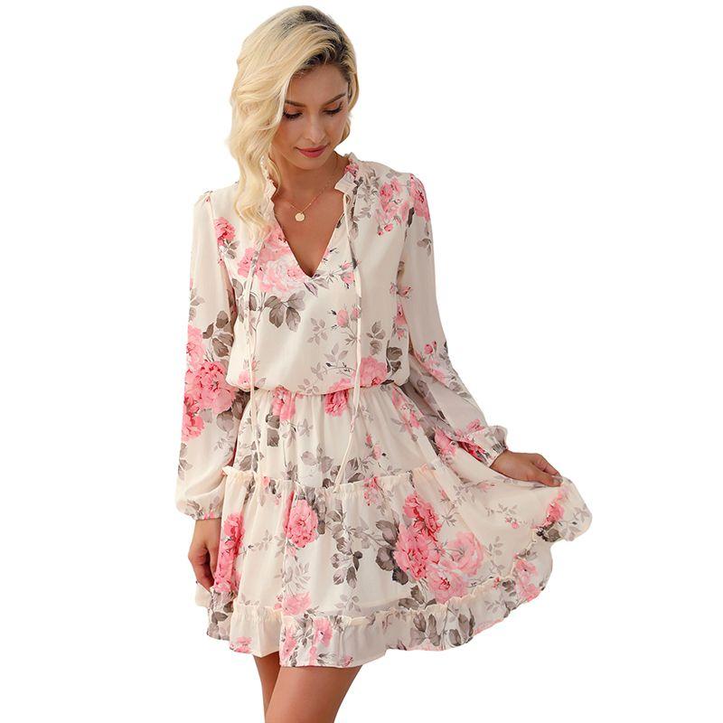 

2025 Spring New Arrival Florals Printed V-neck Dress Women s Fashion Elegant Elegance High Waist Slim Looking Knee-Length Skirt Apricot S code fits (45.00 kg-55.00 kg