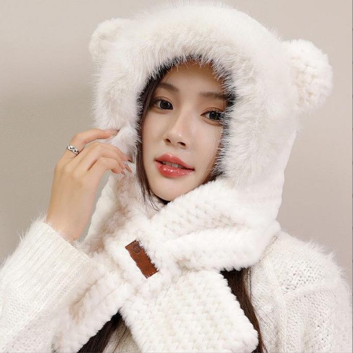 Plush Cute Bear Hat and Scarf Integrated, Autumn and Winter Riding Cold Protection and Warm Ear Protection Lei Feng Hat Integrated