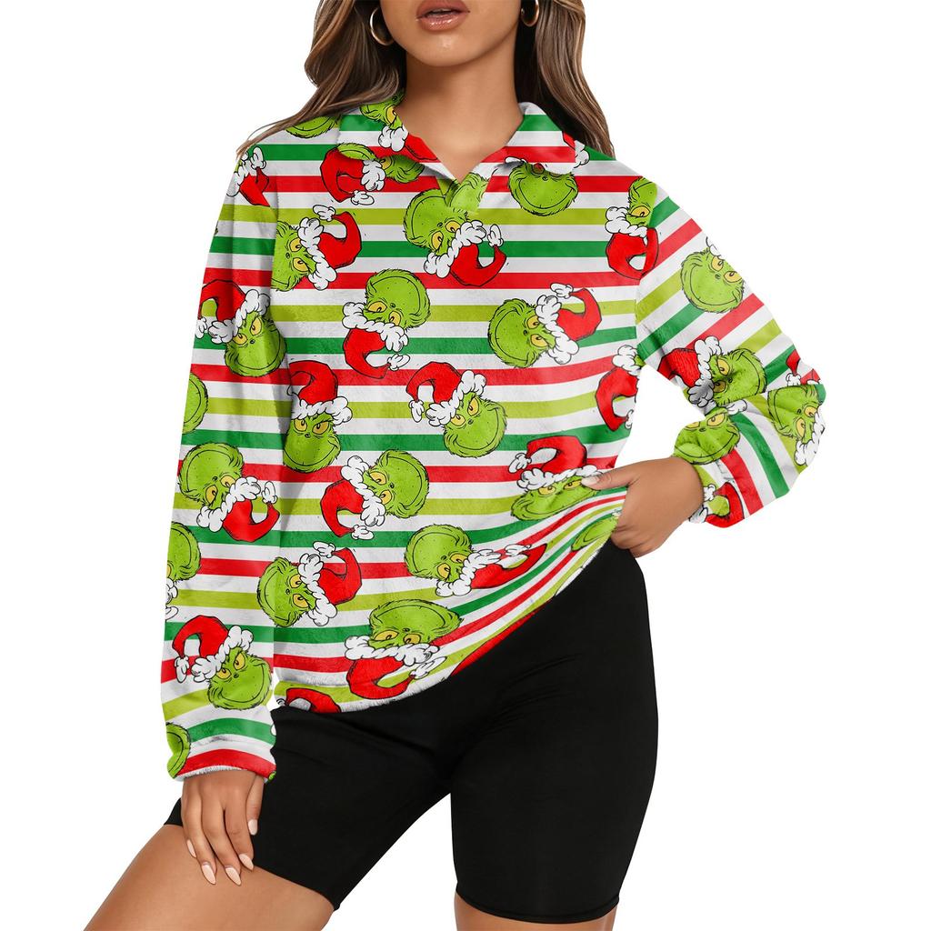 Women's Stand Collar Pullover Long Sleeve Top Christmas Print Sports Top