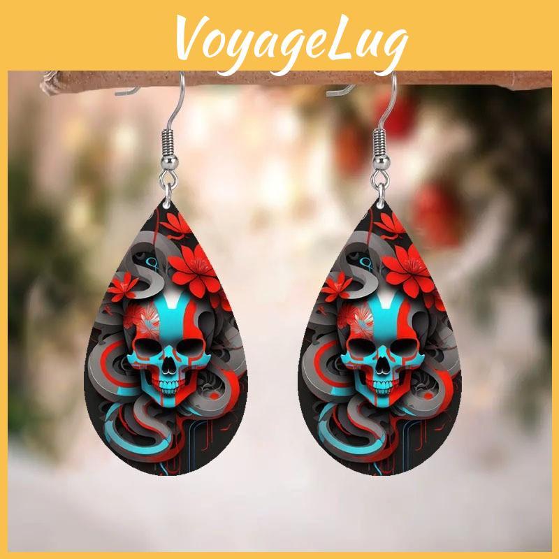 Halloween Themed Flower Skull Patterns Water Droplet Shaped Earrings Women