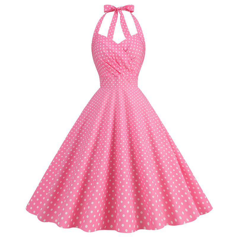 2023 Retro Polka Dot Halter Neck Backless Waist-Cinched Flare Skirt