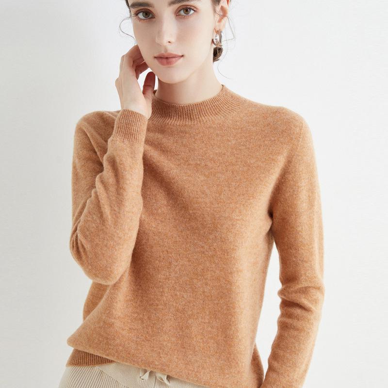 Women's Slim-Fit Autumn Sweater, Fashionable Half-High Neck, Versatile Pure Wool for Layering or Outerwear, Skin-Friendly.