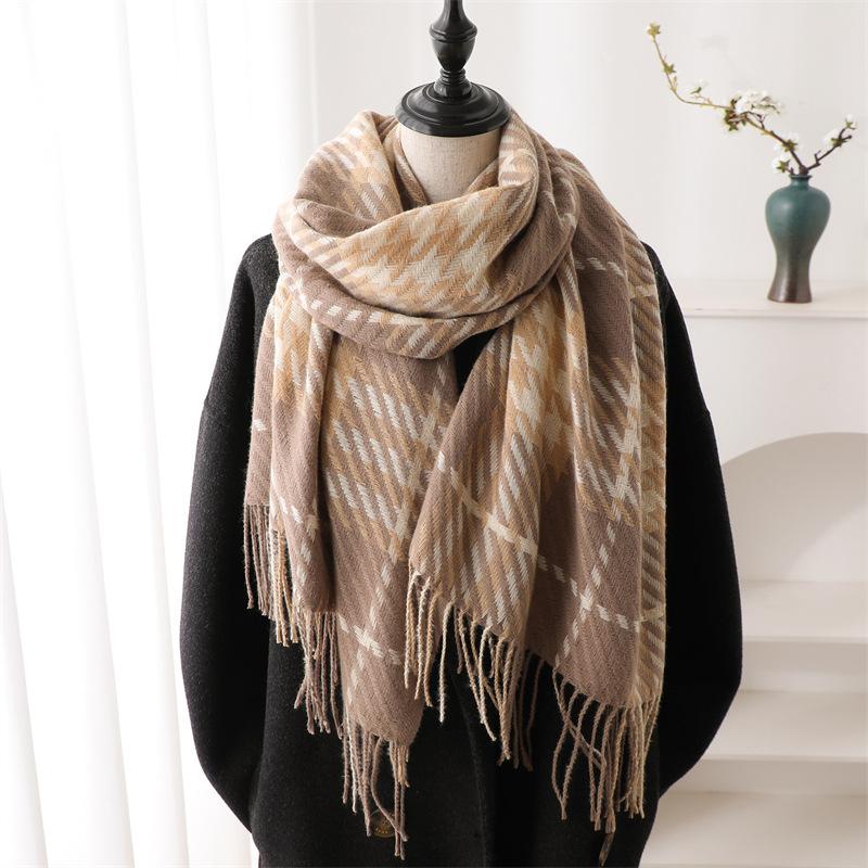 Korean Version Plaid Scarf Winter Male And Female Students Scarf Thickened Warm Outer Shawl Tassel Korean Imitation Cashmere Scarf