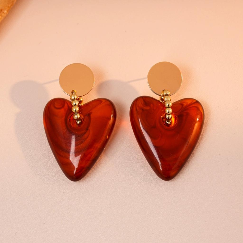 Vintage Amber Resin Heart Acrylic Pendant Earrings Necklace New Handmade Creative Geometric Bracelet Jewelry Set for Women Gifts
