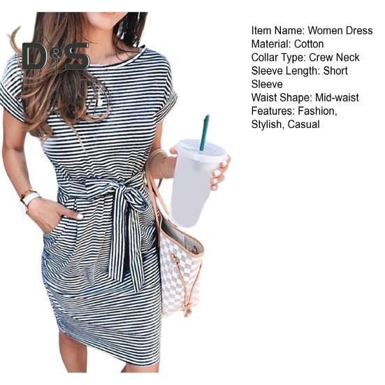 Women's Striped Short Sleeve T-Shirt Dress Casual Tie Waist Midi Dress with Pockets Summer Crewneck Loose Sundress