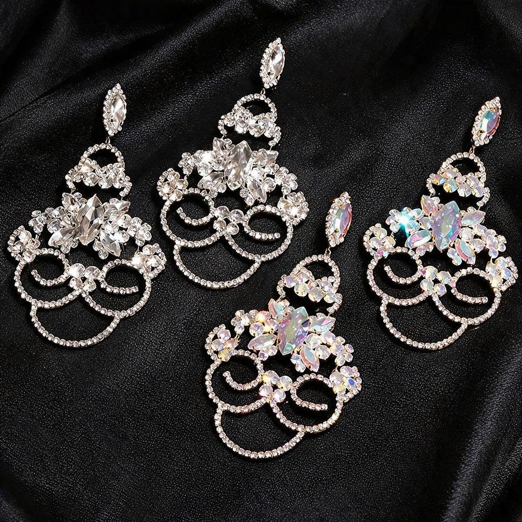 Silver Needle Luxury Full Diamond Hollow-Out Earrings, Retro Palace Style Exaggerated Drops, High-End Light Luxury Studs for Women