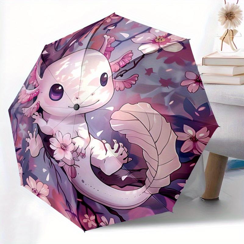 1pc Axolotl on a Tree Pattern Automatic 3-Fold Umbrella, 8 Iron Frames, High-Value Folding Umbrella, Suitable for Office, Travel and Outdoor