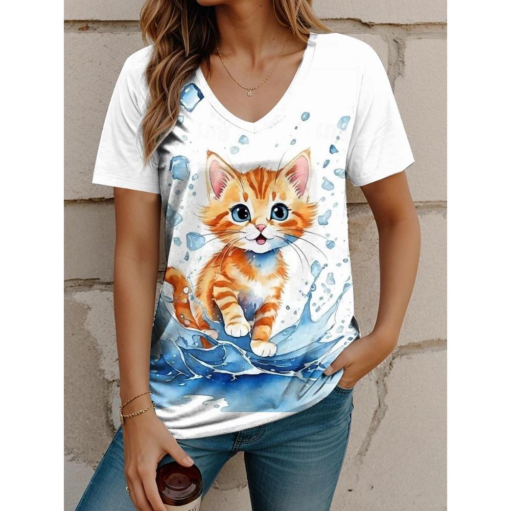 Women's Cat Print T-shirt, Outdoor Harajuku Short-sleeved T-shirt, V-neck Large T-shirt, Women's Animal Clothing