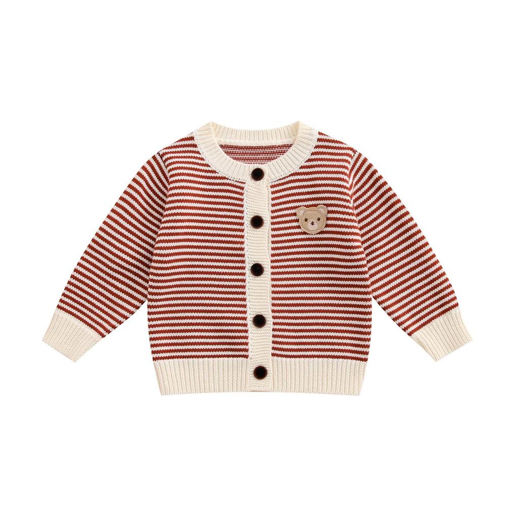 Boys' Striped Bear Embroidery Cotton Knitted Cardigan for Spring/Autumn.