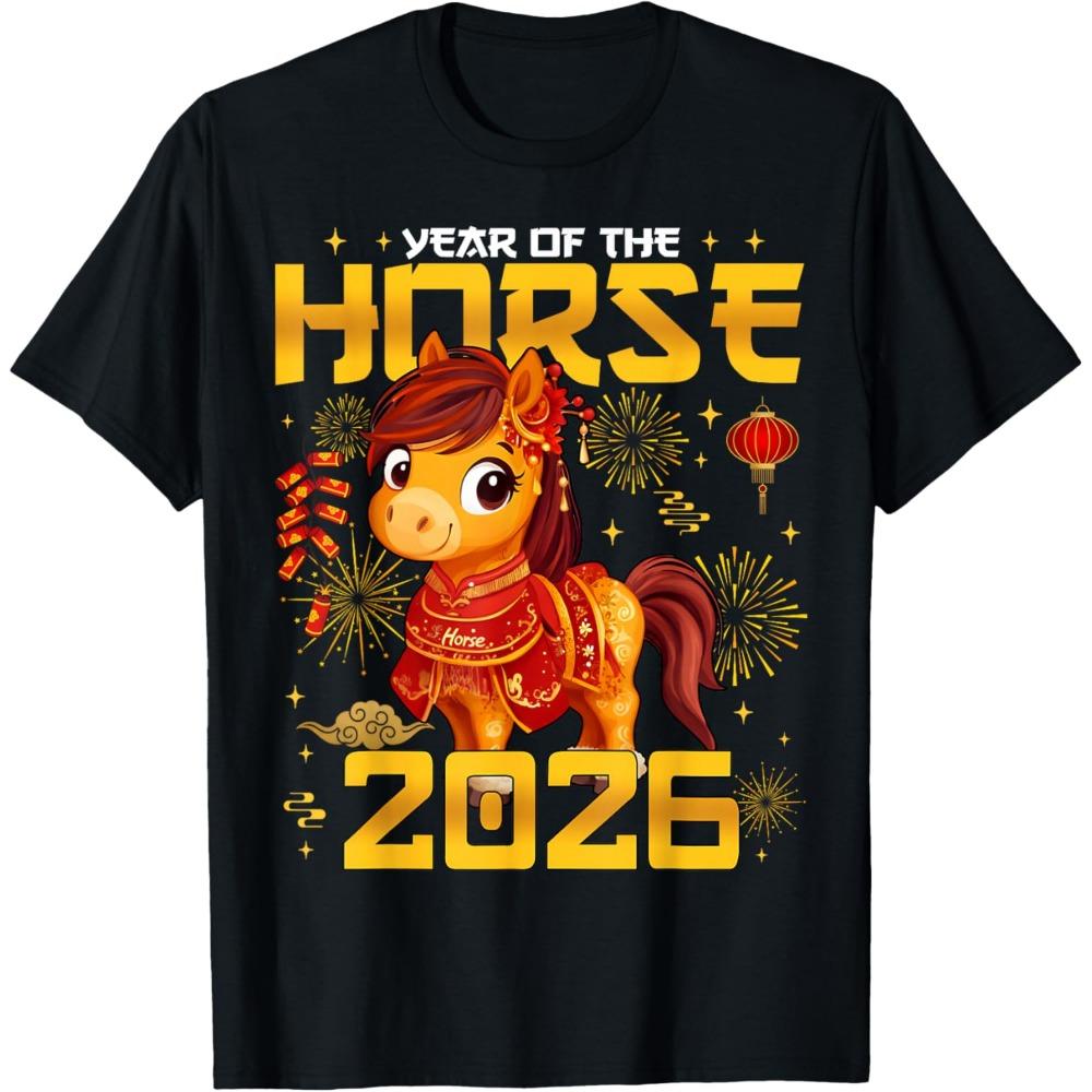 

Year of The Horse 2026 Lunar New Year Chinese New Year Unisex Women TShirt Cute Red Horse Printed Unisex and Womens Casual Clothes XL