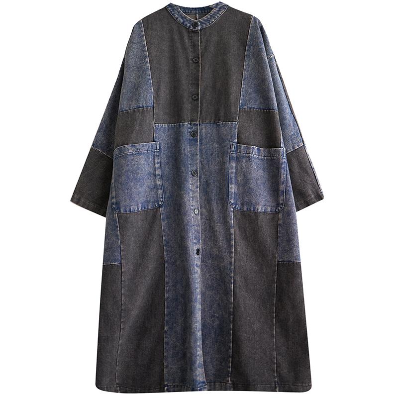 Spring Women Denim Coat Spliced Cotton Buttons Casual Vintage Long Jacket Loose Oversized Pockets