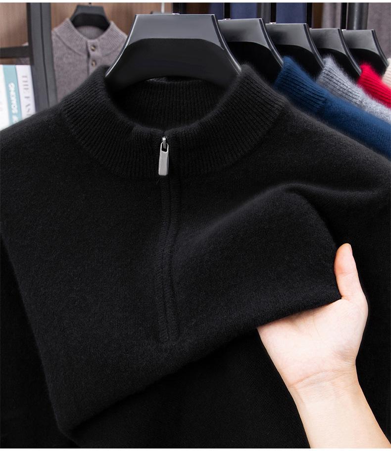 Men's Thickened 460g Cashmere Wool Sweater with Zipper, Half-High Collar, Warm Knitwear for Autumn/Winter.
