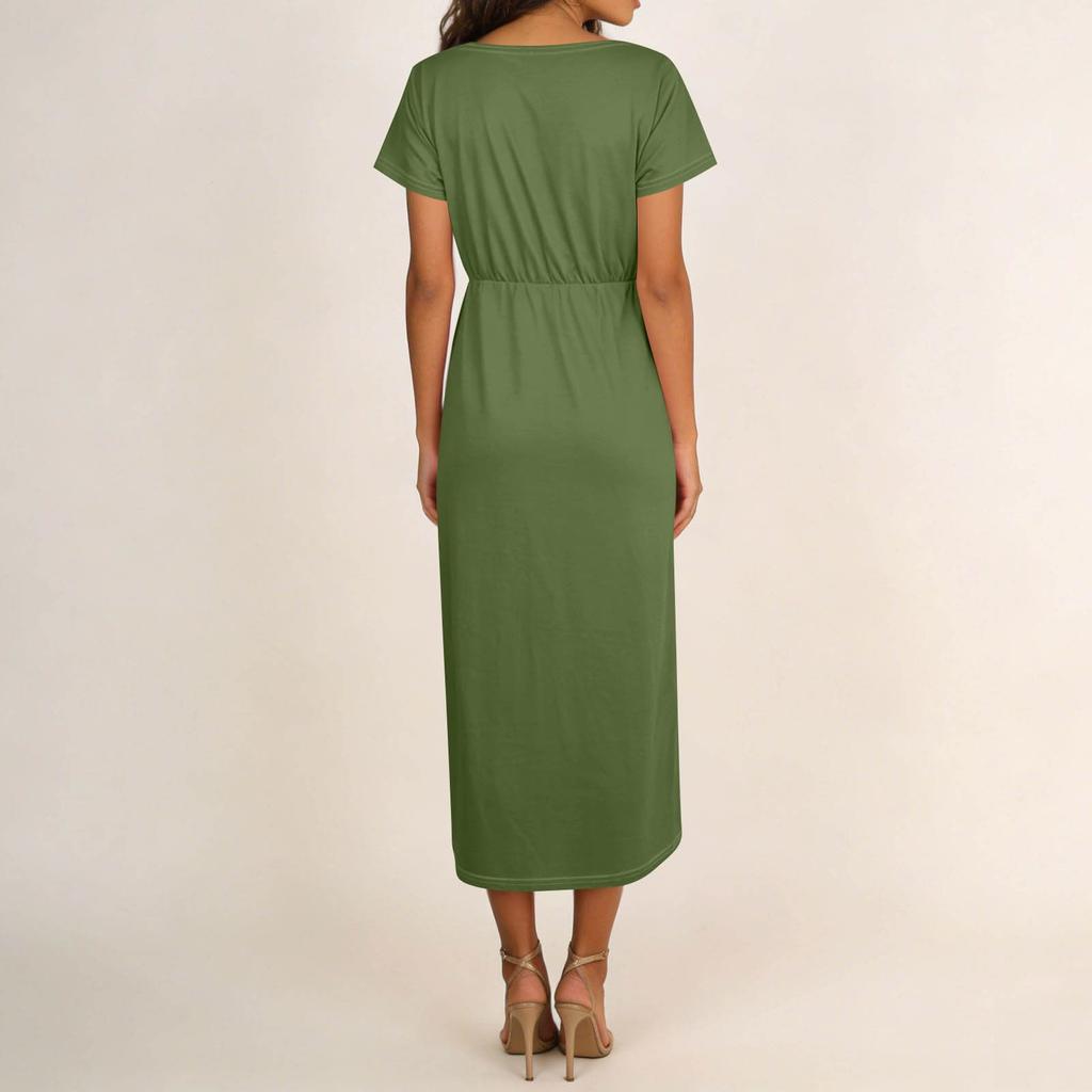 Women's Elegant Loose-Fit V-Neck Short-Sleeve Flowing Resort Dress