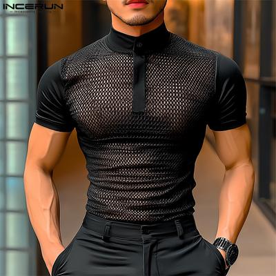 Summer Men Stand Neck Short Sleeve Hollow Out Fishnet Casual T-shirts Tee