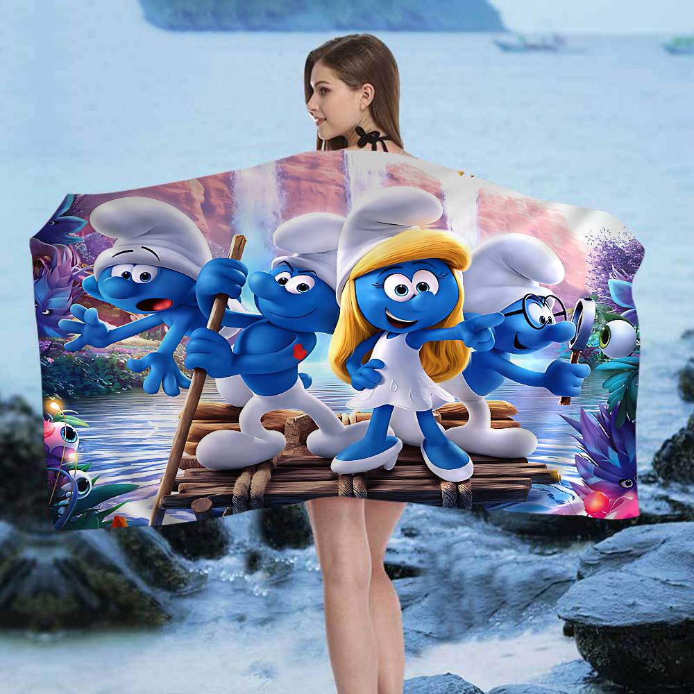 Cartoon S_Smurfs Microfiber Blanket Quick Drying Beach Towels Oversized Printing Super Absorbent Pool Towel Blanket