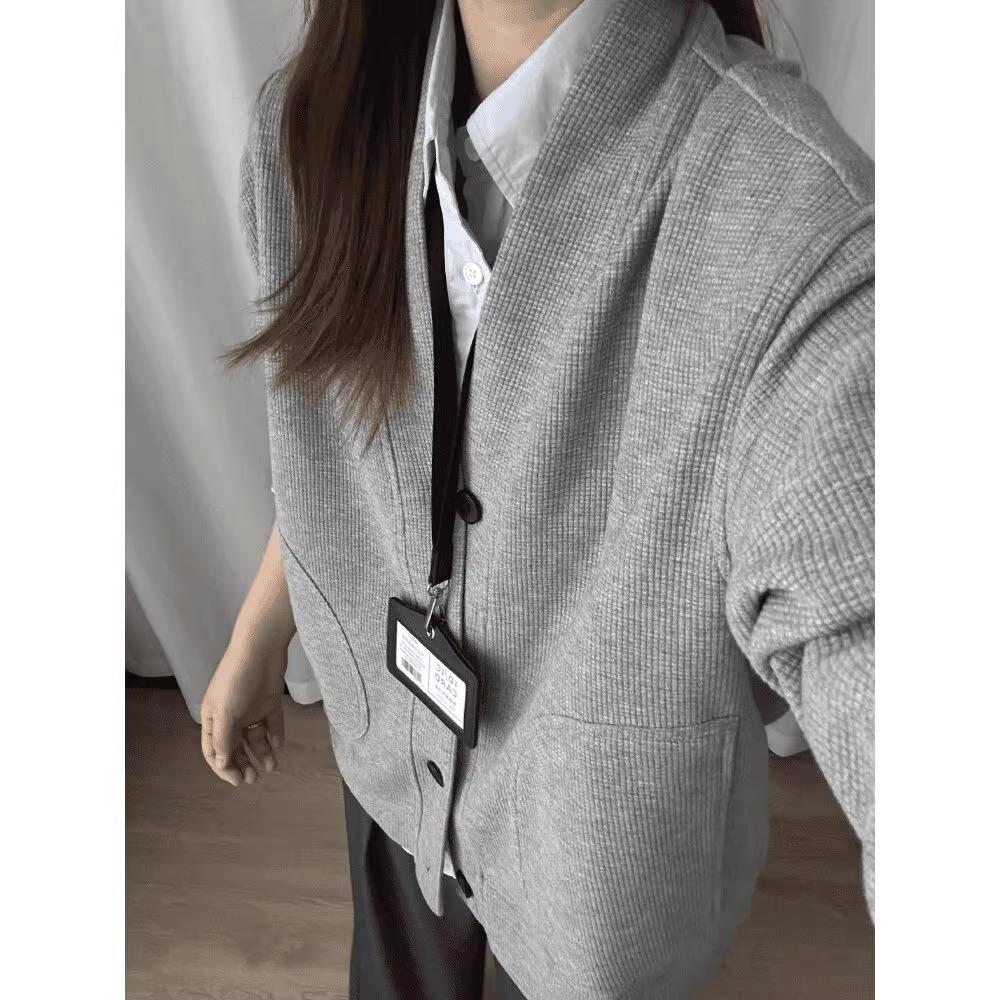 Unisex Retro Waffle Knit V-Neck Cardigan – Trendy American Cleanfit for Autumn/Winter 2XL серый