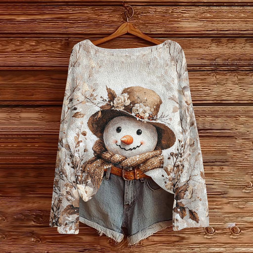 Women's Fashion Christmas Print Lightweight Sweater Casual Long-Sleeve Knit Pullover Top