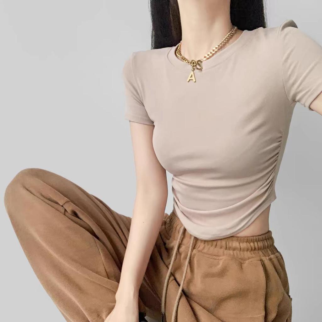 2024 Harajuku Women Crew Neck Short Sleeve Cotton Tee With Ruched Sides Detail T-shirts