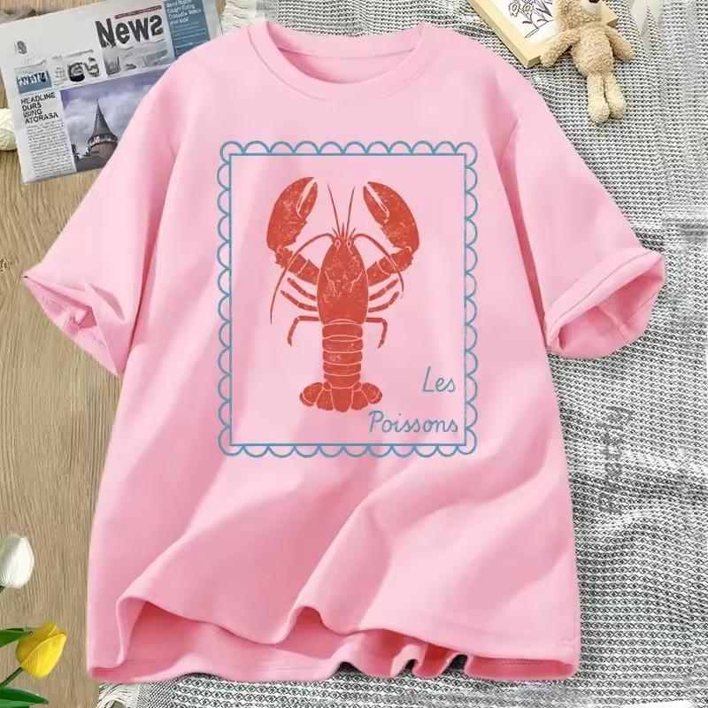 

Футболка с лобстером Французская прибрежная футболка Мужская Женская Летняя Хлопковая Футболка с коротким рукавом Оверсайз Круглый вырез Футболка Оверсайз L розовый