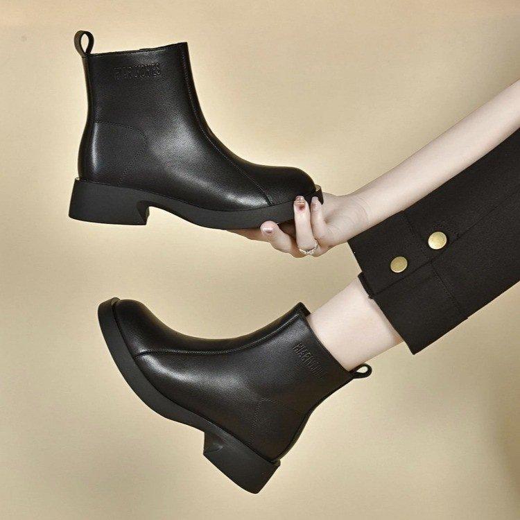 Soft leather flat heel round head platform short boots women's autumn and winter new thick heel soft sole single boots versatile Martin boots velvet
