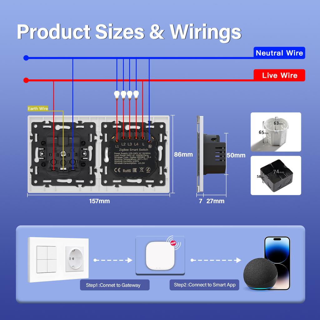 BSEED ZigBee Switches Wall Smart Click Light Switches Yellow Backlight Glass Frame Tuya APP Switch EU Wall Sockets with USB
