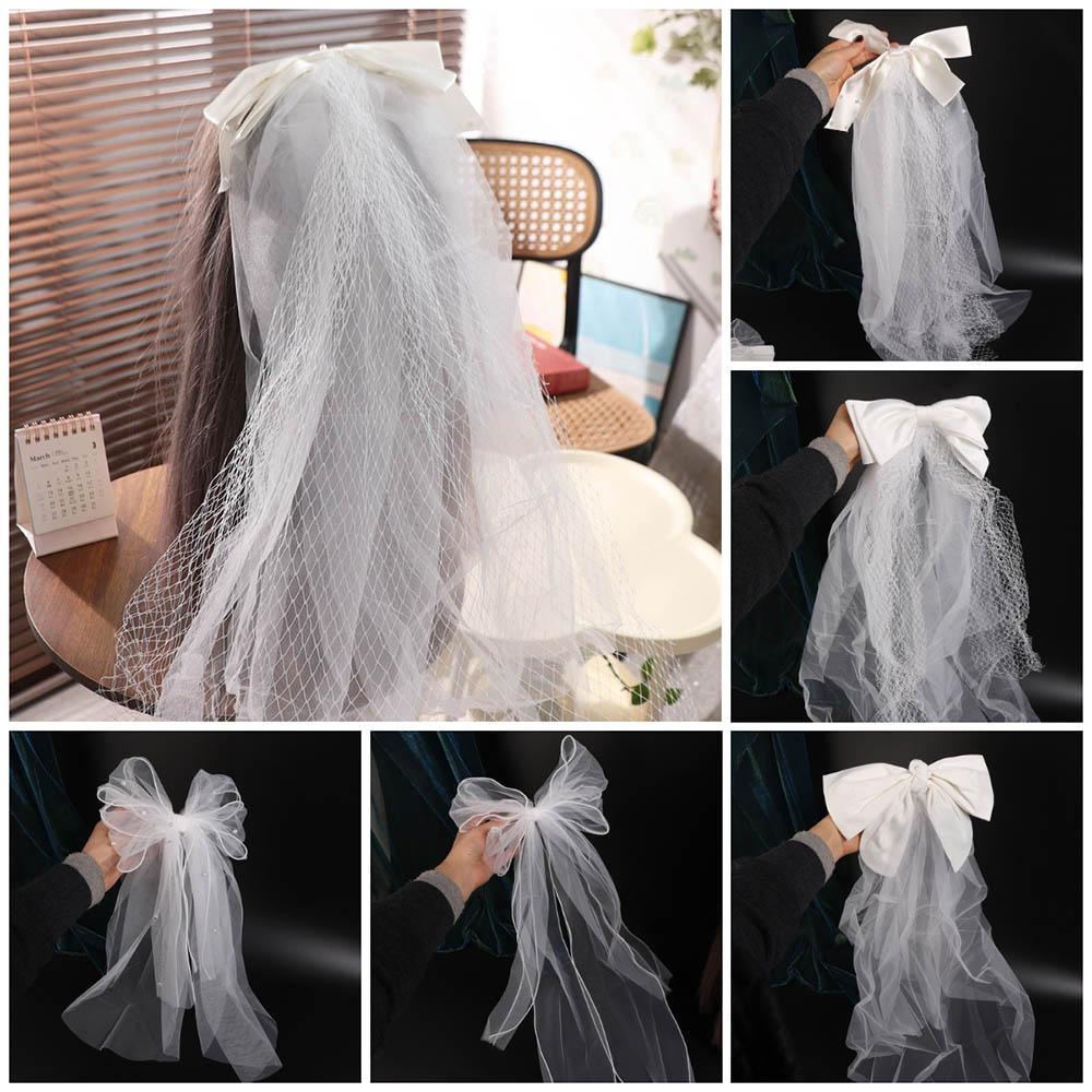 Short Wedding Bridal Veil Multi Layer Pearl Bow Veil Delicate White Bridal Tulle Party