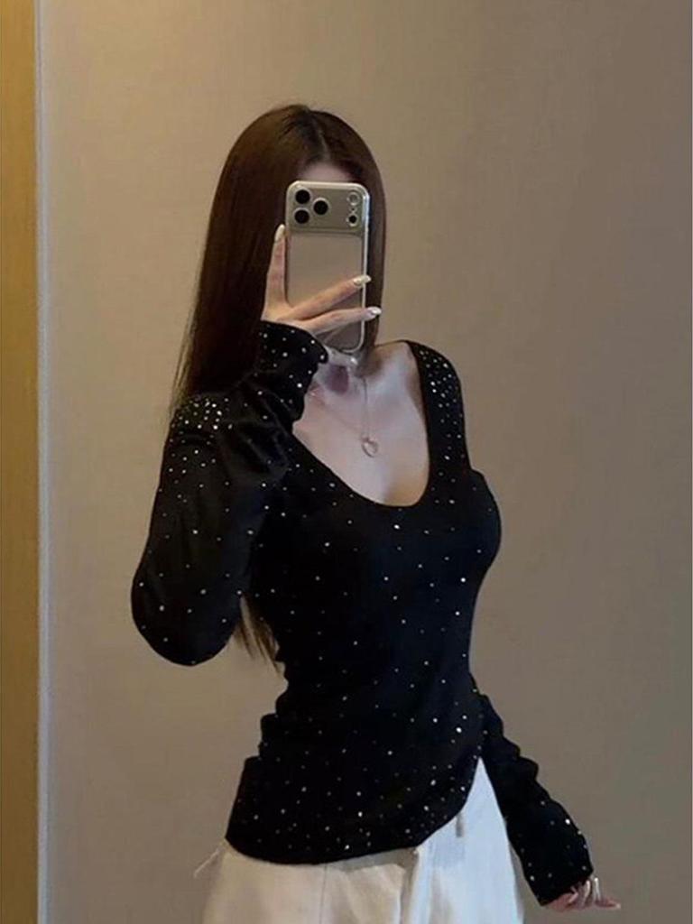 Elegant Black V-neck Rhinestone Knit Sweater for Women - Autumn/Winter Slimming & Flattering Layered Top