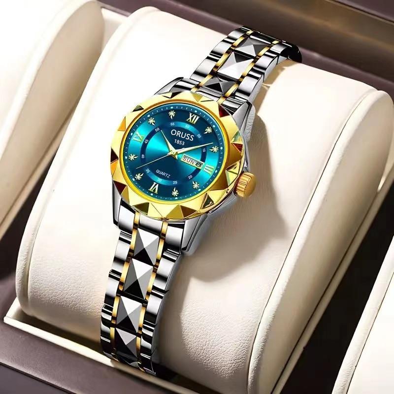Women S Fashion Rhombus Double Calendar Luminous Waterproof Quartz Watch Solid Belt