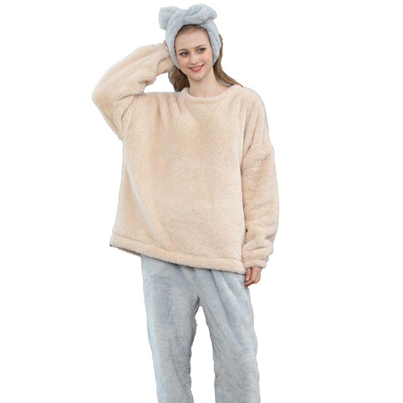 Thicken Coral Fleece Pajamas Set Women Winter Warm Vintage Casual Kawaii Sweet Girl Suit Homewear Plus Size Two-piece Suit Chic