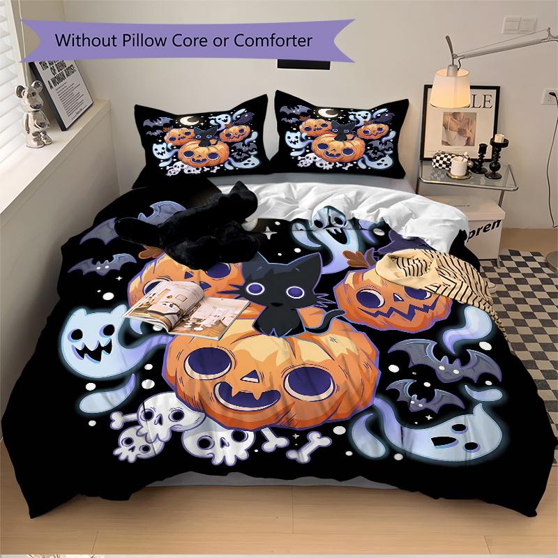 3pcs Halloween Theme Cat & Pumpkin Bedding Set - Includes 1 Quilt Cover and 2 Pillowcases, Comfortable Bedding with Stylish Design for Bedro