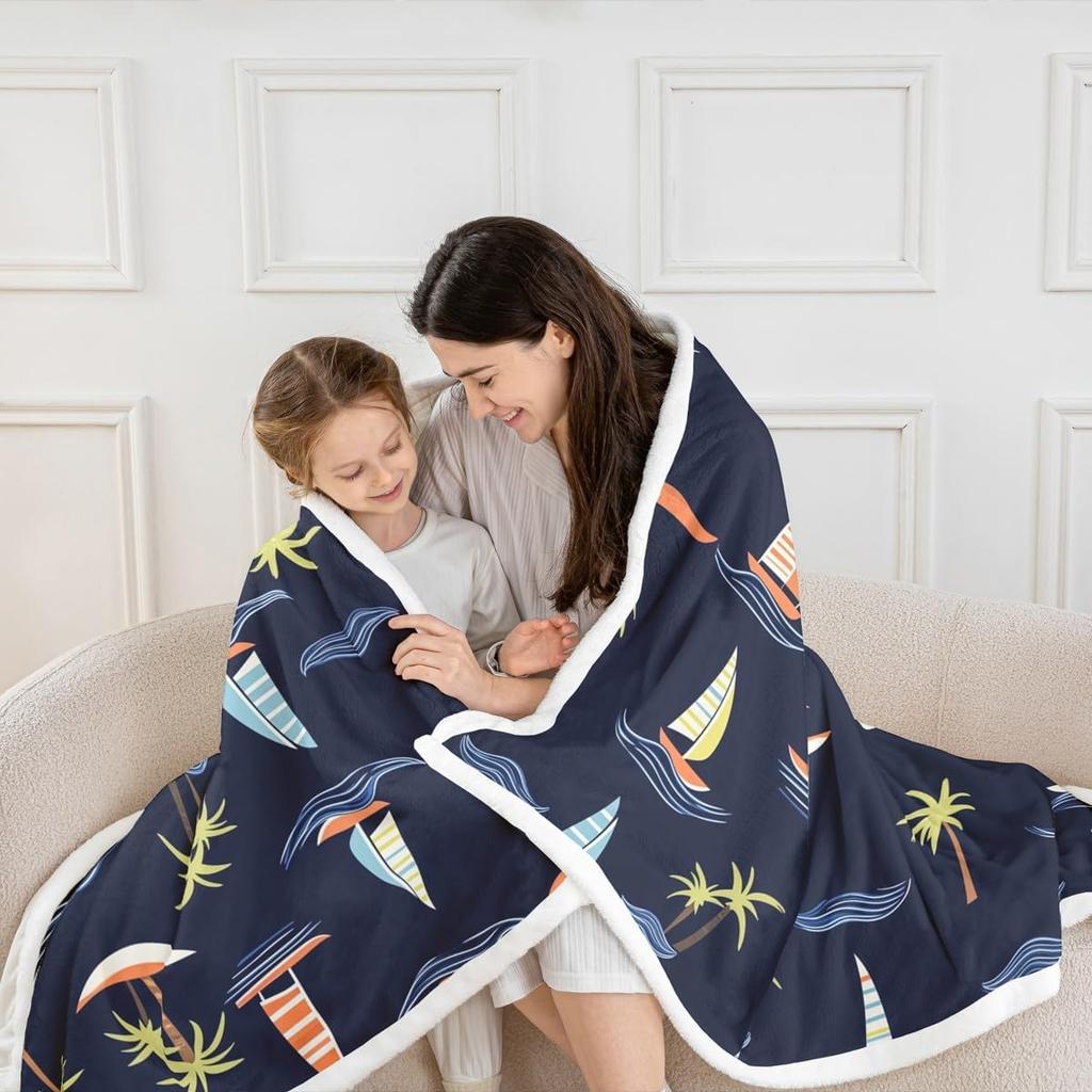 Nautical Sailboat Blanket Tropical Palm Tree Pattern Beach Decor Summer Throw Coastal Home Textile Ocean Theme Bedding