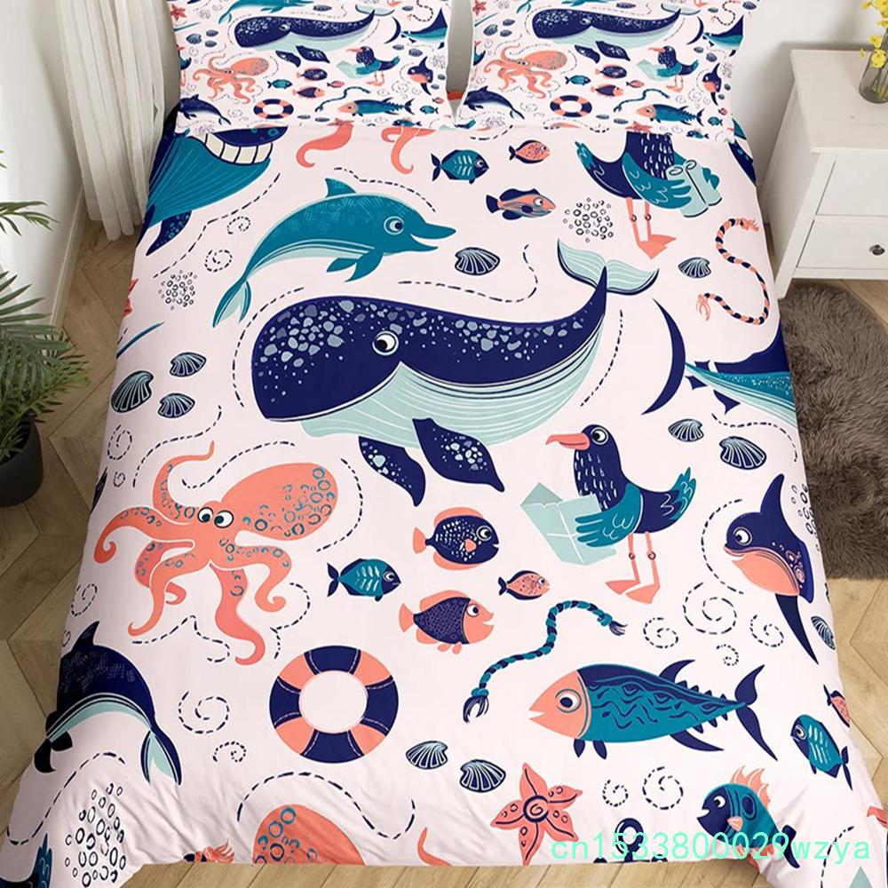 Katze Bettbezug Set Aquarell Wal Fischen Bettwäsche Set Ozean Meereswelle Bettdeckenbezug Marine Nautisch Themen Tagesdecke Bezug