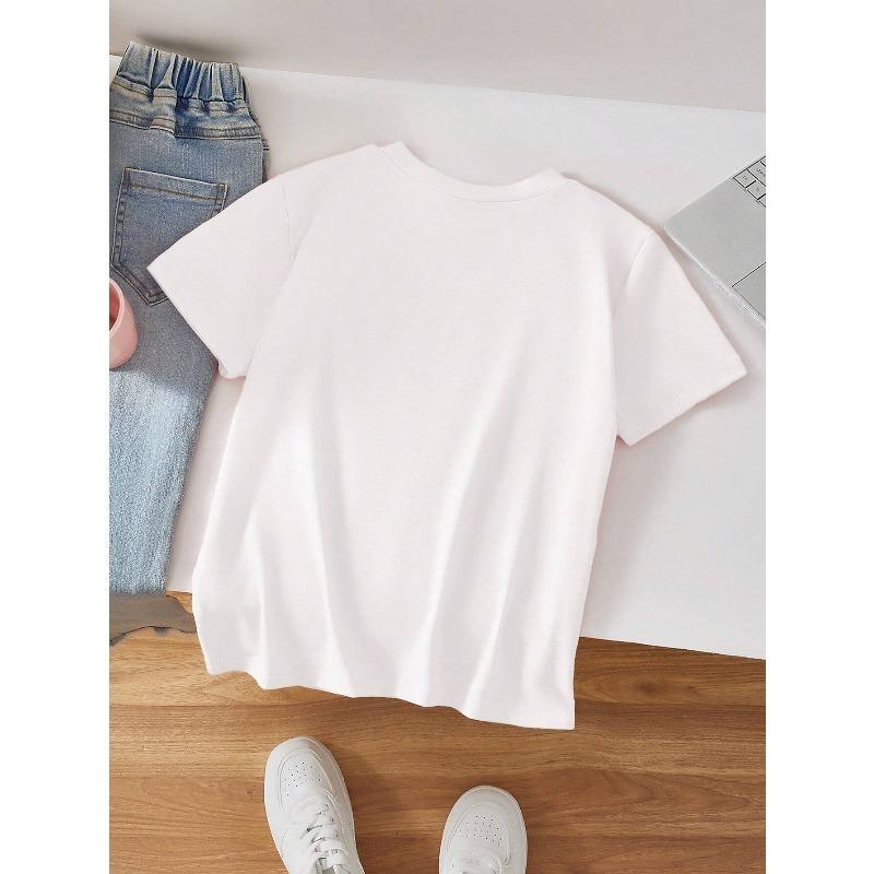 European sizes Girl's Round Neck T-Shirt with Fresh Pink Floral Pattern, Comfortable Casual Style, an Excellent Choice for a Natural Look