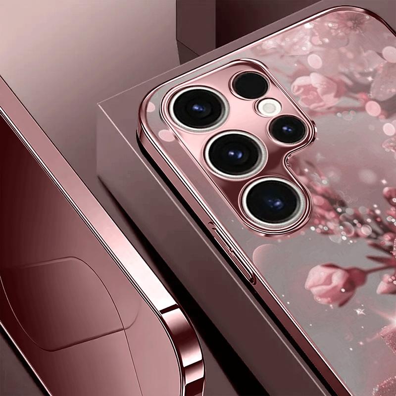 Pink Cherry Blossom Pattern Metallic Tempered Glass Phone Case For iPhone 17 Pro Max 11 12 13 14 15 16 Pro Plus 17 Air 17E Cover
