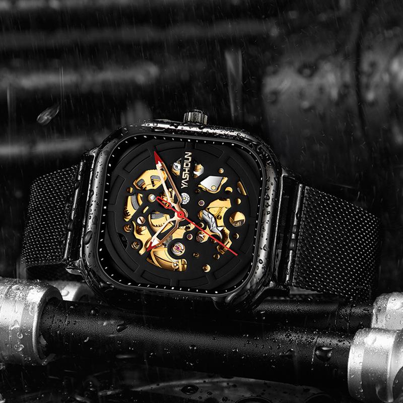 Marken Herren Quadratisch Skelett Mechanisch Wasserdicht Stahlarmband Uhr - Douyin Internetberühmtheit Bestseller
