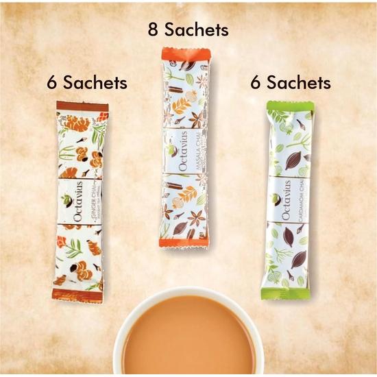 Octavius Assorted Premix Tea (3 In 1) - 20 Pouches (15 Gm Each) | NOW IN REUSABLE PET JAR | Masala, Cardamom, Ginger| Premix Tea Powder