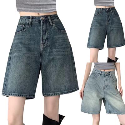 Women's Fashion Distressed Comfortable Mid-Rise Wide-Leg Casual Summer Denim Shorts With Pockets