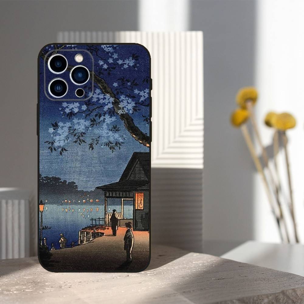 Japanischer Kunststil Hülle Für iPhone 11,12,15,14,13,16,17,Plus,Pro Max,XS,X,XR,SE,Mini,8,7,Weiches Silikon Schwarz