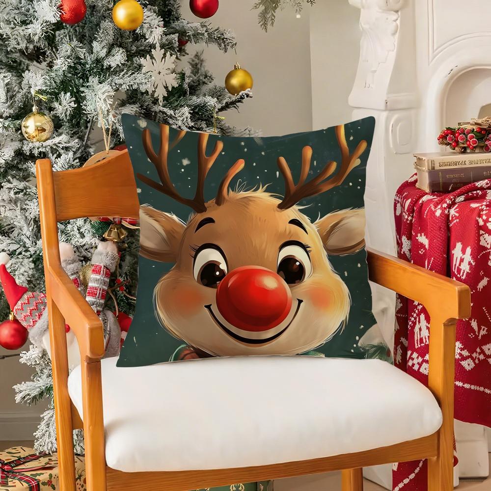 

Cute Christmas Cartoon Illustrations Second Pillow Case Silky Short Plush With Invisible Zipper Dustproof Sofa Cushion Cover 12x12Inch