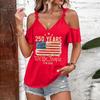 Women’s Casual Cold Shoulder Short Sleeve Top with 250 Years We The Print and Tie Strap Round Neck for Summer Fashion Wear