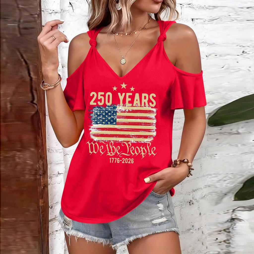 Women’s Casual Cold Shoulder Short Sleeve Top with 250 Years We The Print and Tie Strap Round Neck for Summer Fashion Wear