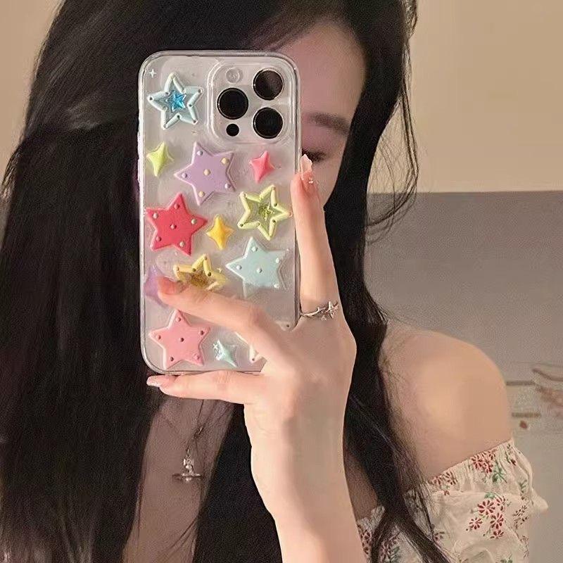 Fashion Dopamine Star Shining Colorful Stars Shell Case For iPhone 17 16 15 12 13 14 Pro Max 11 3D Epoxy Rubber Acrylic Cover