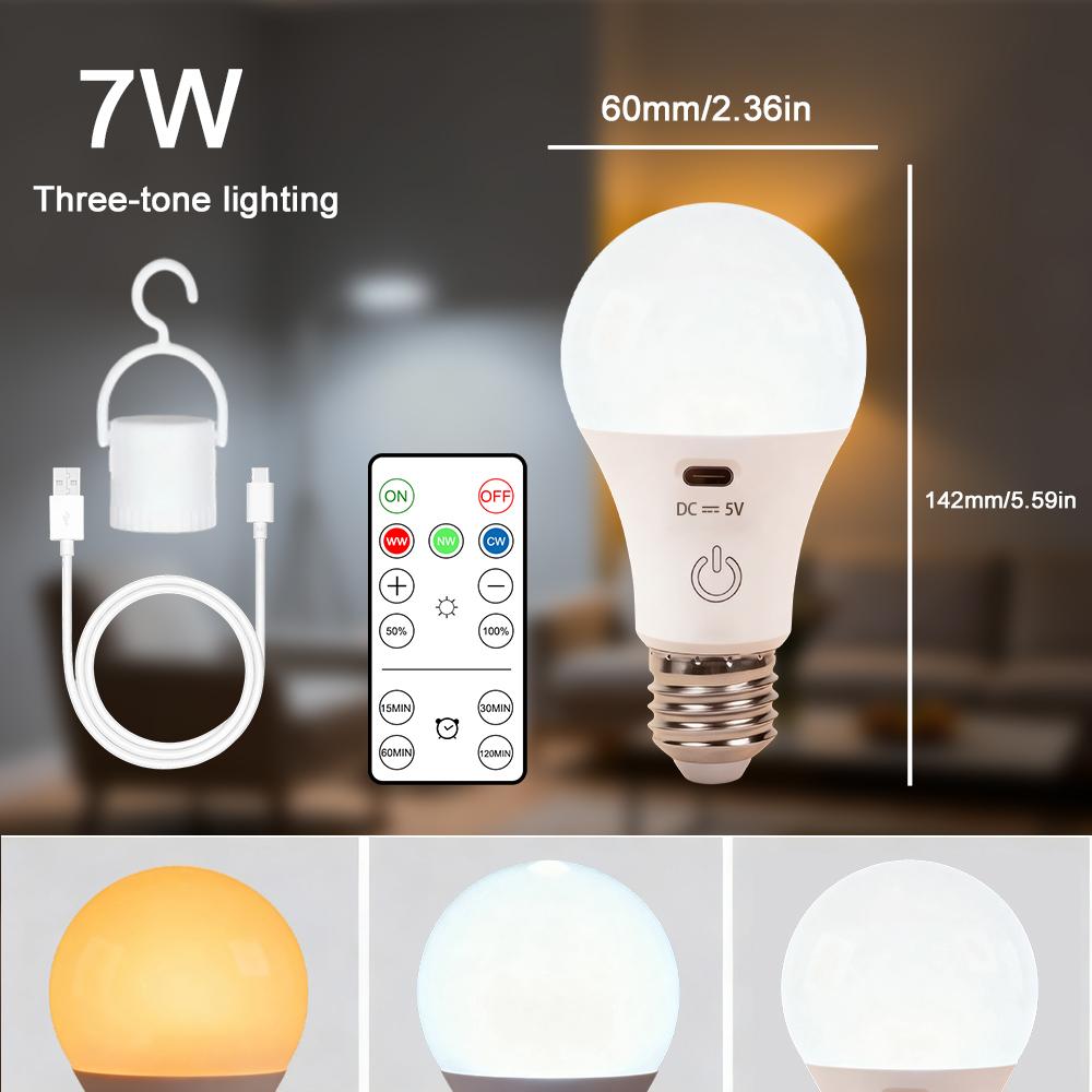 

RGB/3-цветная USB светодиодная лампа Перезаряжаемая лампочка Умная лампочка Диммируемые лампы E27 с таймером Беспроводная лампочка с питанием от аккумулятора