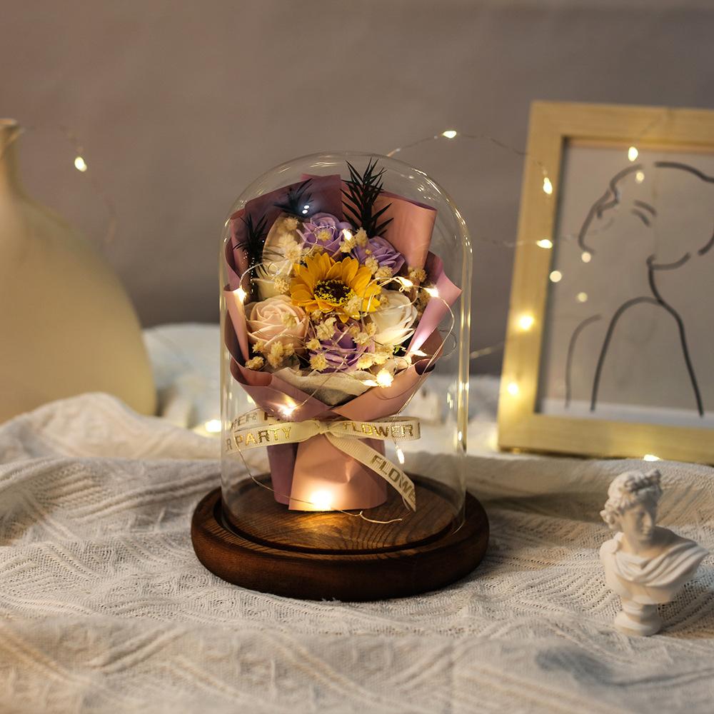 Soap Flower Rose Bouquet Simulation Bouquet Glass Cover Night Light Ornament Valentine's Day Gift