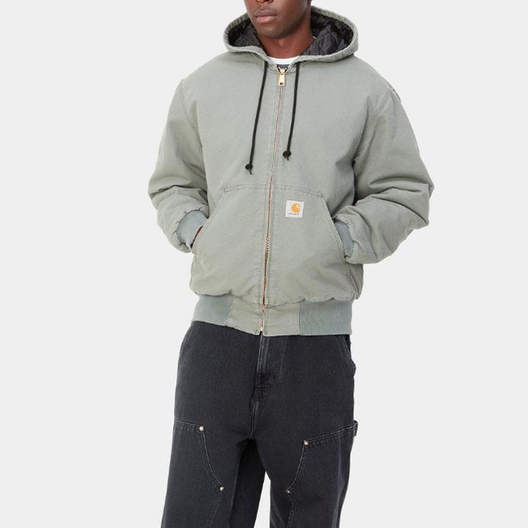 Carhartt WIP SS23 Active Jacket Classic Solid Color Canvas Distressed Loose Cotton Warm Hooded Jacket Men jackets Smoke-Green I027360-1ND-3K