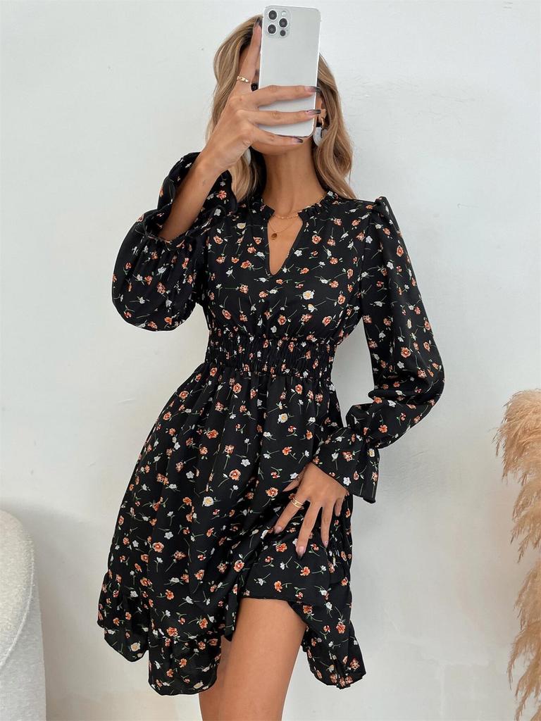 Elegant Floral Print Ruffle Dress - Slimming Waist, Notch Neck, Perfect for Spring and Autumn