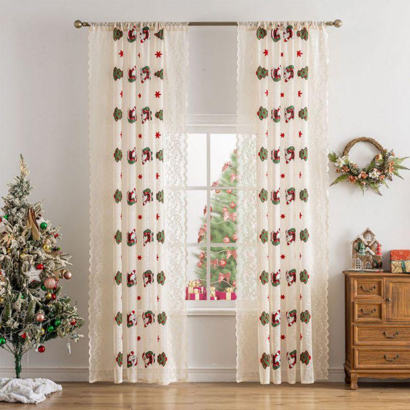2pcs Christmas Embroidery Curtains Translucent Lace Curtains Rod Through Curtain