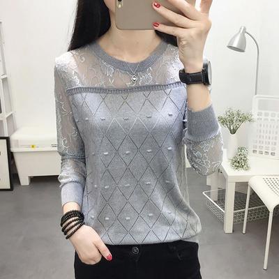 Koronkowa Koszulka Bazowa Damski T-shirt z Długim Rękawem Luźny i Wszechstronny Wiosenny Dzianinowy Damski Cienki Top