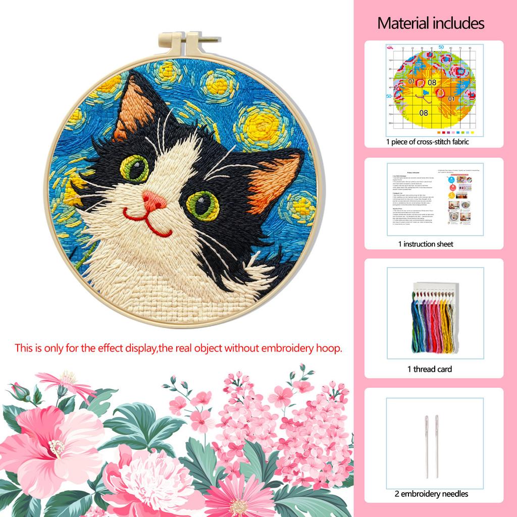 Kleines Nachtkatzen Kreuzstich-Set für Anfänger, Einfaches DIY Stickset mit Mustern